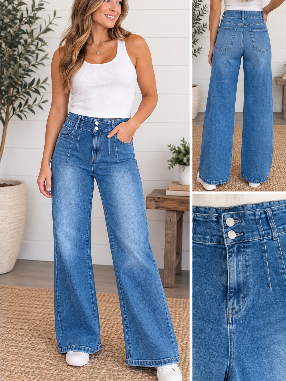 High-Rise Wide Leg Jeans in Medium Blue Wash - Women
